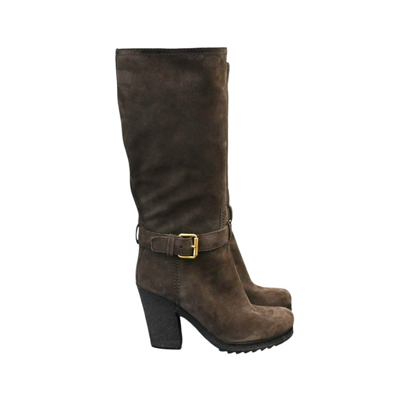 Prada Boots Women's Brown Size 38 Suede Round Toe Block Heel Mid Calf - Picture 1 of 13